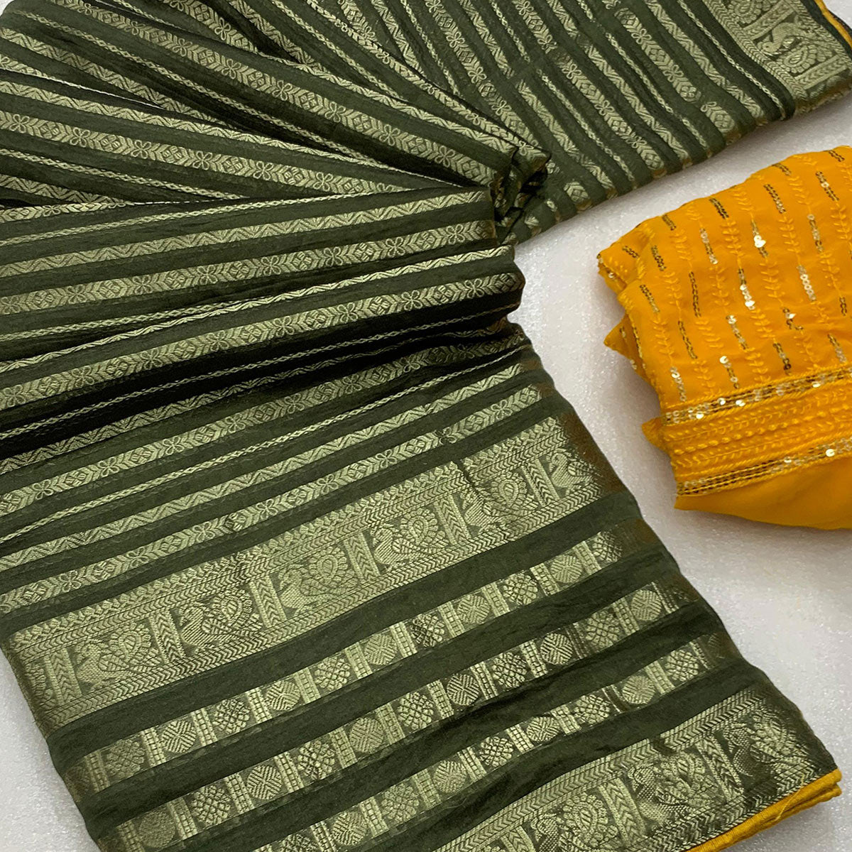 Mehandi Green Zari Work Woven Organza Saree