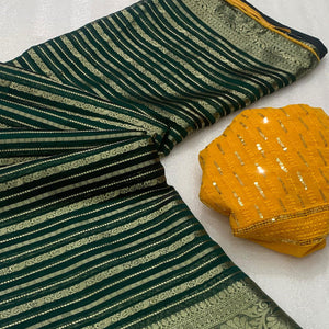 Dark Green Woven Georgette Saree With Tassels