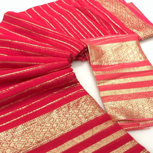 Gajari Pink Striped Zari Woven Viscose Saree