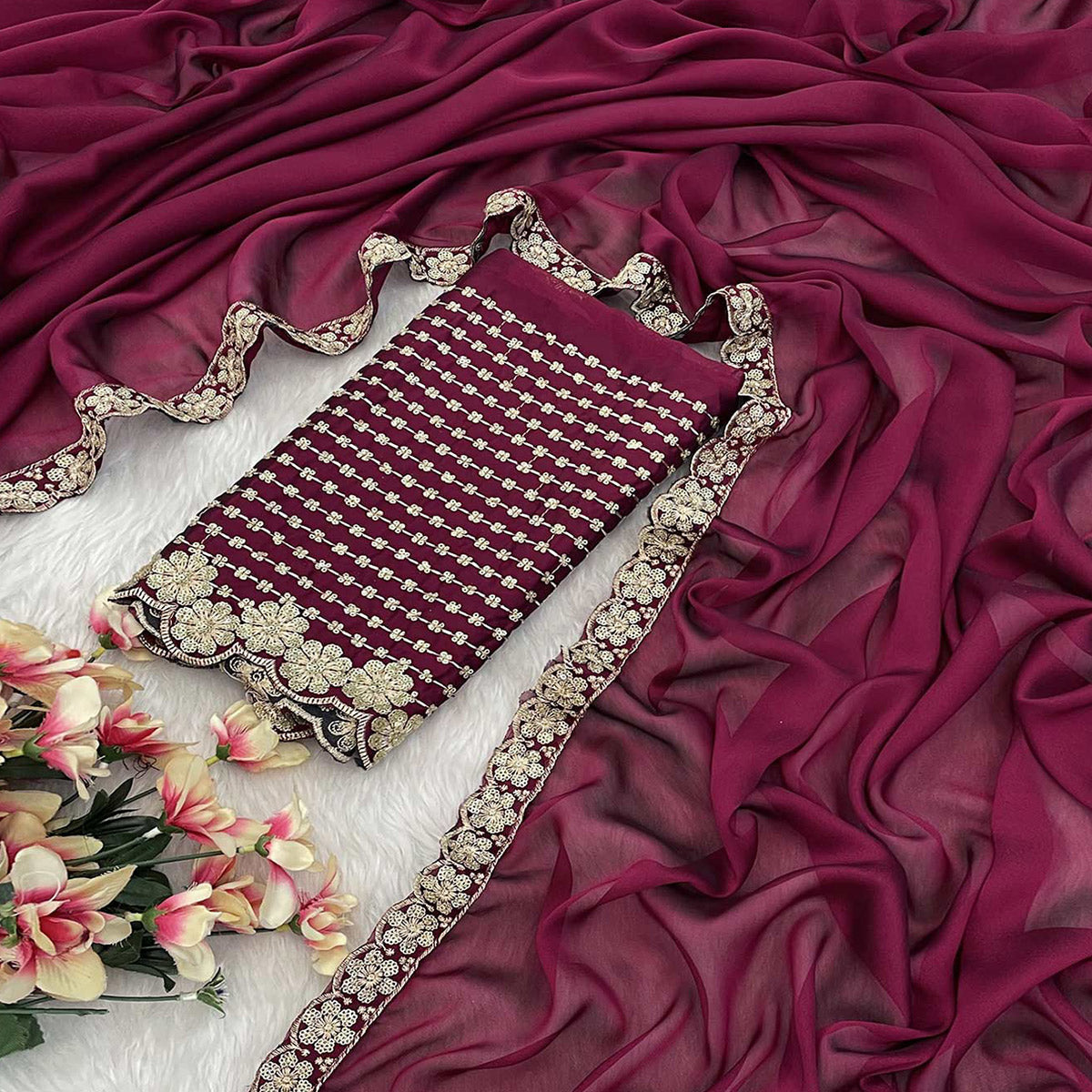 Dark Magenta Solid Rangoli Art Silk Saree With Sequins Embroidered Border