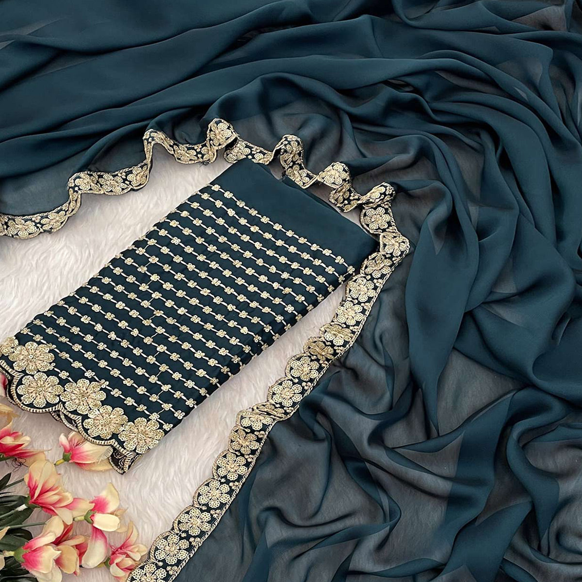 Dark Teal Blue Solid Rangoli Art Silk Saree With Sequins Embroidered Border