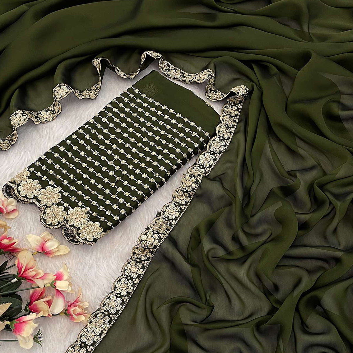 Mehendi Green Solid Rangoli Art Silk Saree With Sequins Embroidered Border