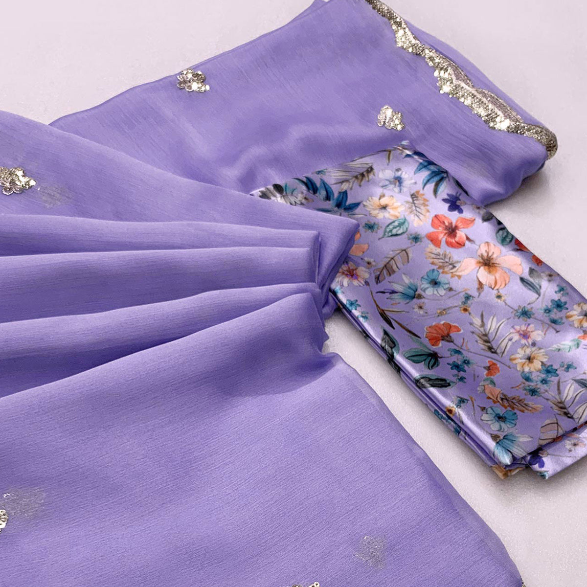 Lavender Floral Sequins Embroidered Chiffon Saree