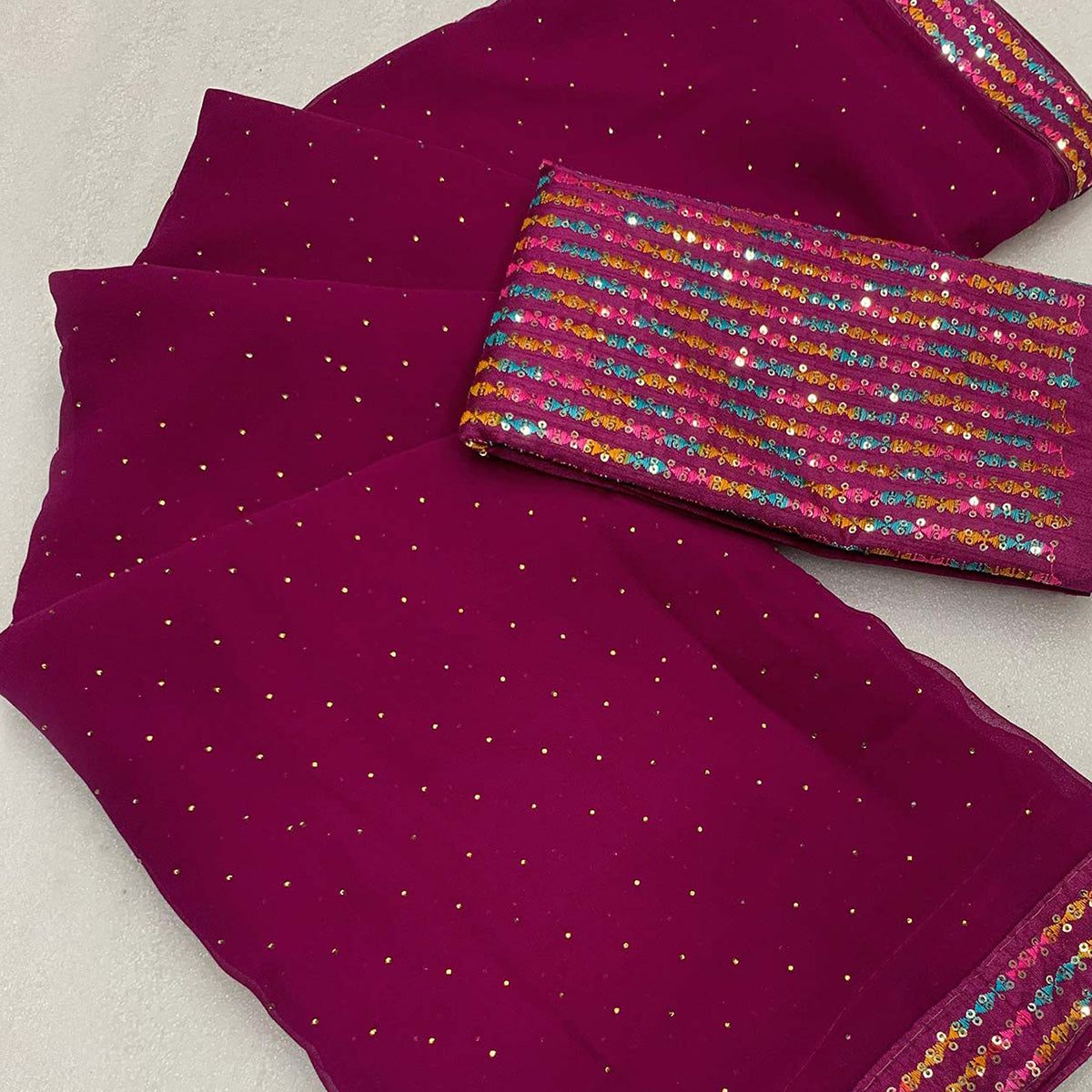 Magenta Diamond Work Georgette Saree With Sequins Lace Border