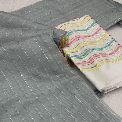 Grey Sequins Embroidered Organza Saree