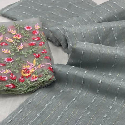 Grey Sequins Embroidered Organza Saree With Tassels