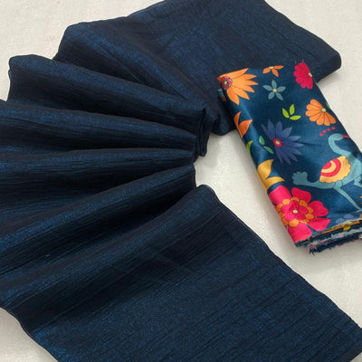 Dark Teal Solid Crepe Crush Saree