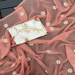 Dusty Peach Floral Embroidered Georgette Saree