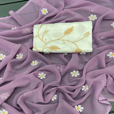 Light Purple Floral Embroidered Georgette Saree