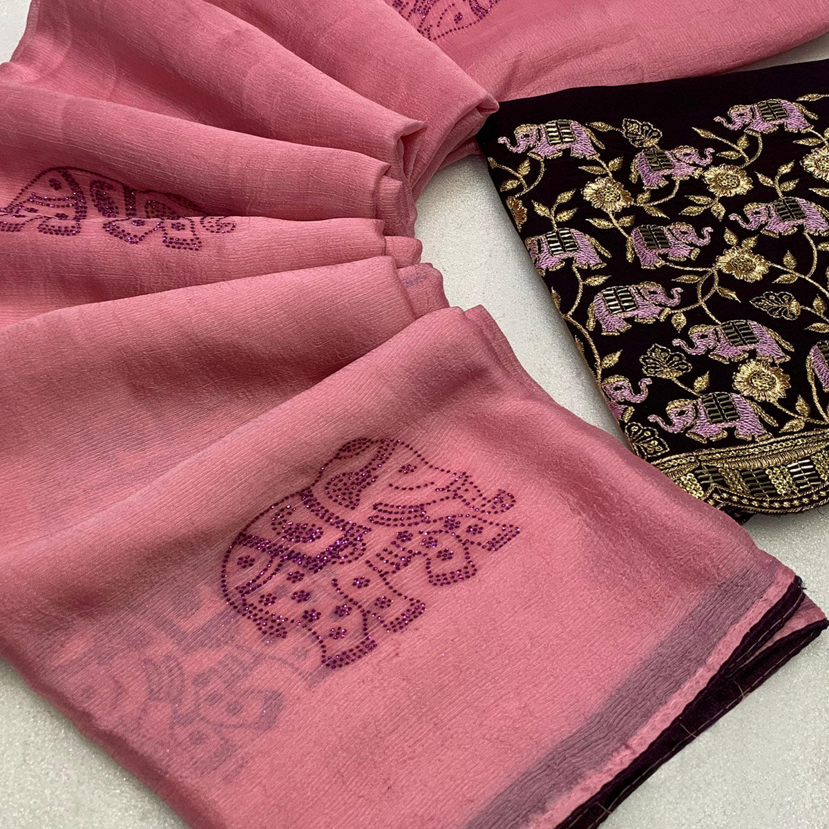 Pink Swarovski Embroidered Art Silk Saree