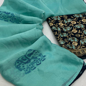 Turquoise Swarovski Embroidered Art Silk Saree