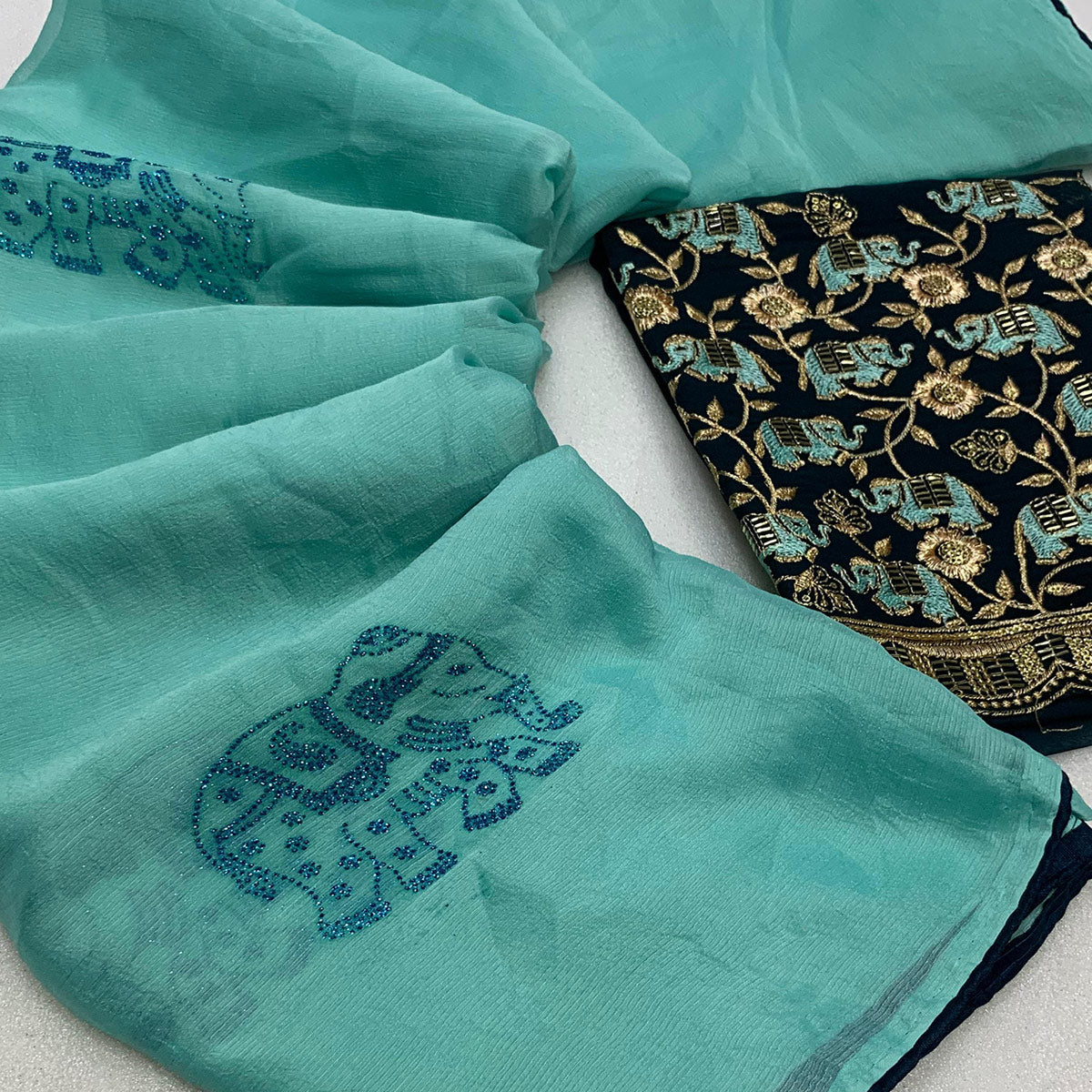 Turquoise Swarovski Embroidered Art Silk Saree