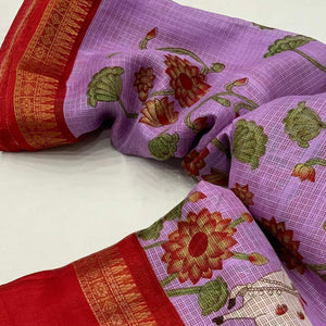 Lavender Floral Printed Kota Doria Saree