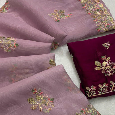 Lavender Floral Embroidered Crunchy Chiffon Saree
