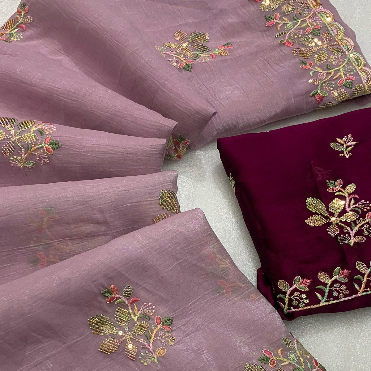 Lavender Floral Embroidered Crunchy Chiffon Saree