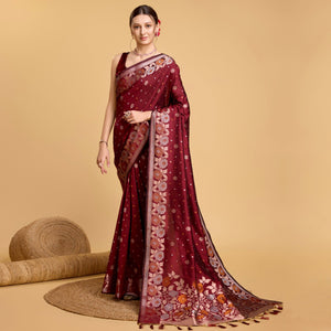 Maroon Floral Woven Banarasi Silk Saree