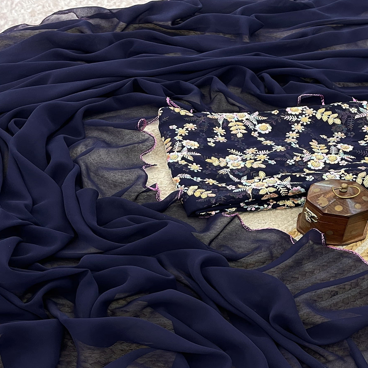 Blue Solid Georgette Saree