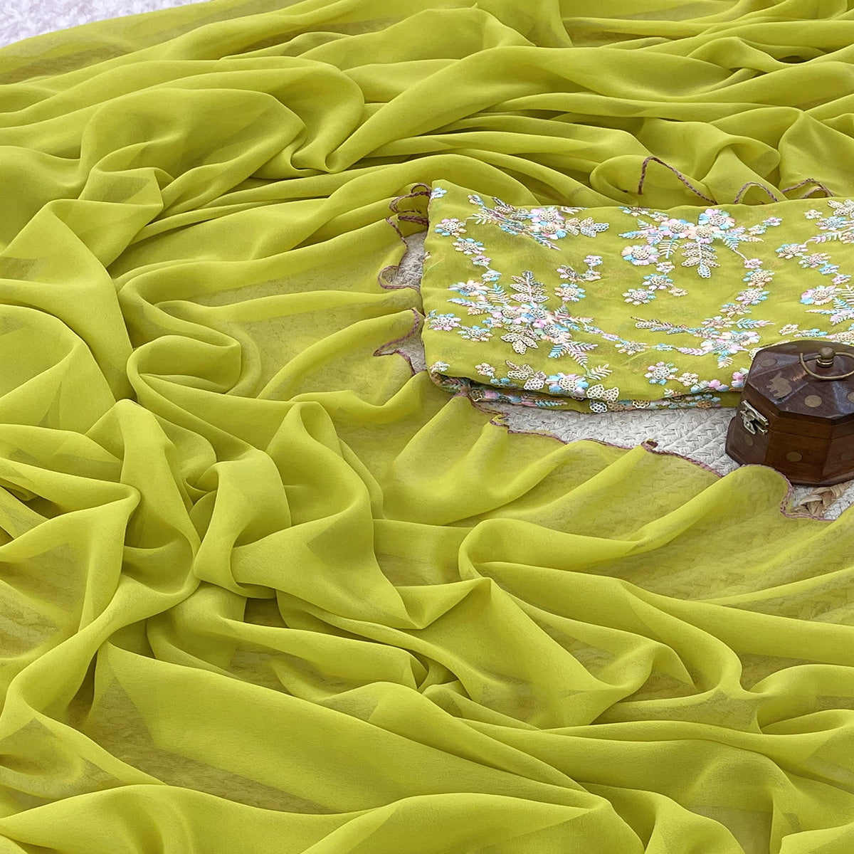 Lemon Green Solid Georgette Saree