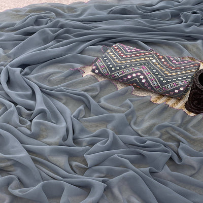 Grey Solid Georgette Saree