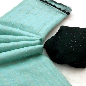 Light Turquoise Woven Organza Saree With Beads Work Border