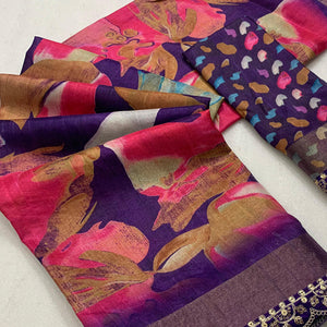 Purple & Pink Floral Digital Printed Tussar Silk Saree With Sequins Embroidered Border