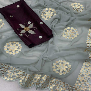 Light Grey Embroidered Georgette Saree With Gota Patti Work