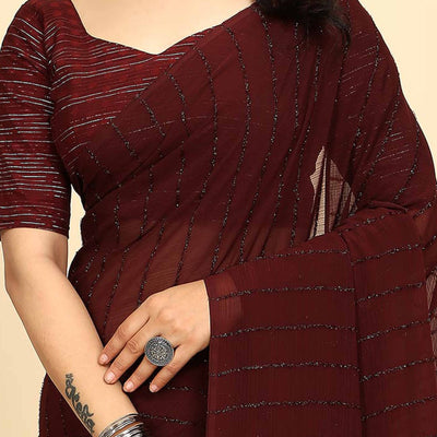Dark Maroon Striped Zari Woven Chiffon Saree With Tassels