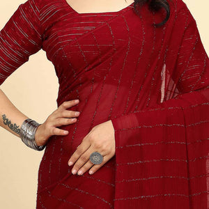 Dark Red Striped Zari Woven Chiffon Saree With Tassels