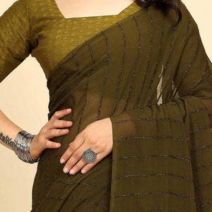 Mehendi Green Striped Zari Woven Chiffon Saree With Tassels