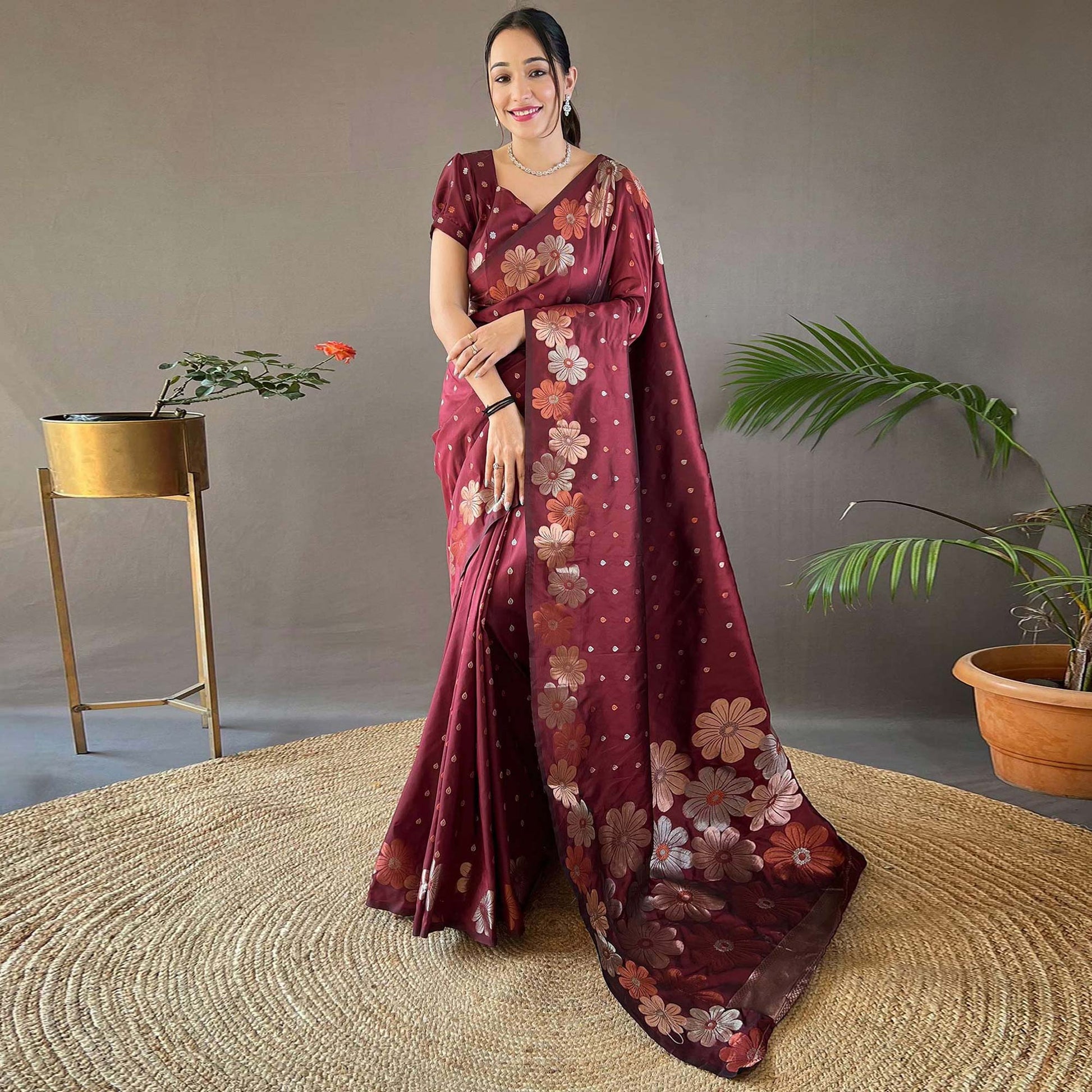 Maroon Floral Zari Woven Pure Silk Saree