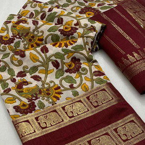Maroon Kalamkari Printed Dola Silk Saree