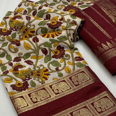 Maroon Kalamkari Printed Dola Silk Saree