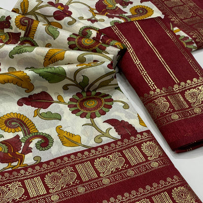 Maroon Floral Printed Dola Silk Saree