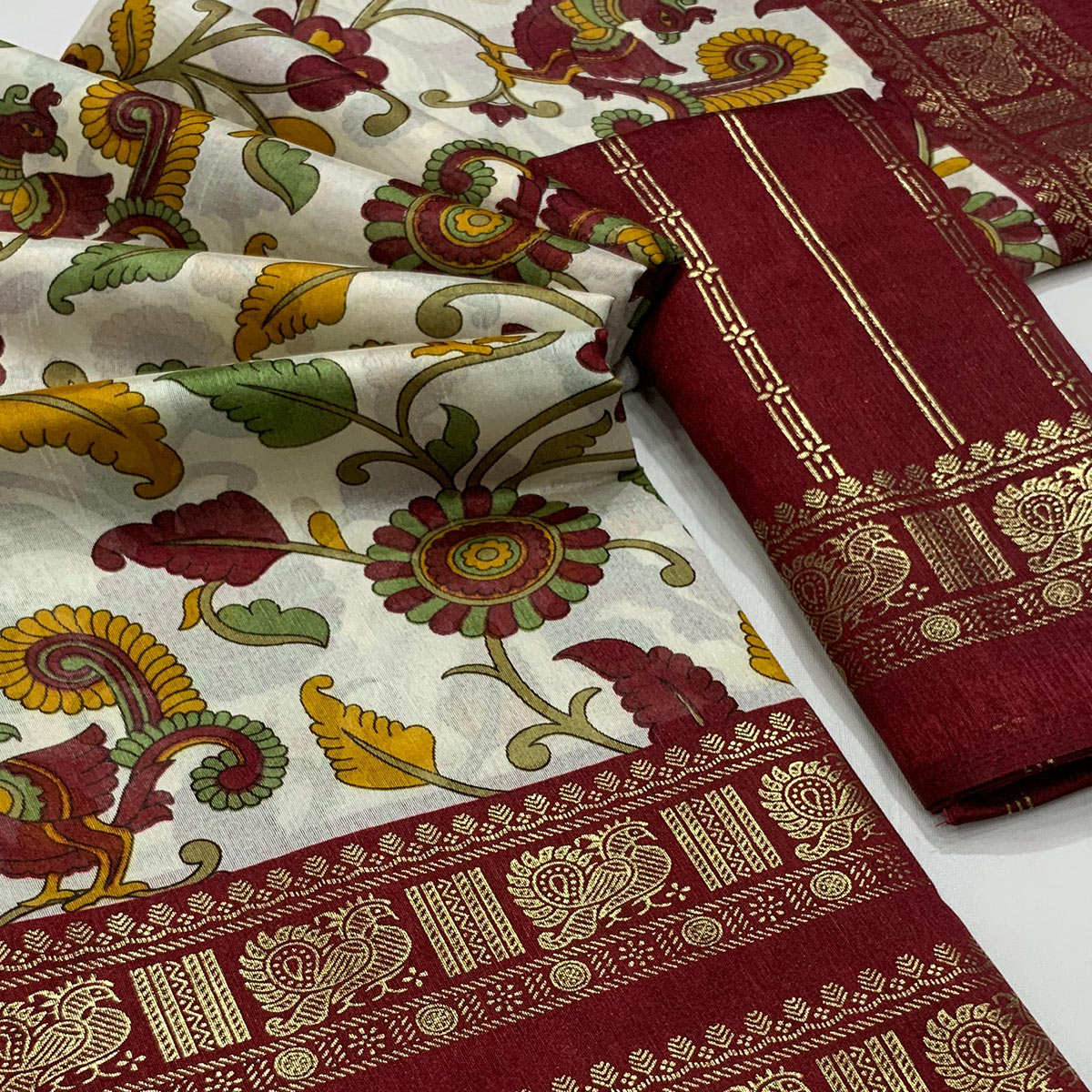 Maroon Floral Printed Dola Silk Saree