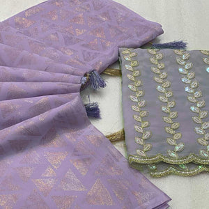 Lavender Geometric Foil Printed Georgette Saree With Tassels