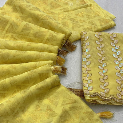 Lemon Yellow Geometric Foil Printed Georgette Saree With Tassels