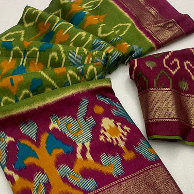 green-magenta-ikkat-foil-printed-dola-silk-saree