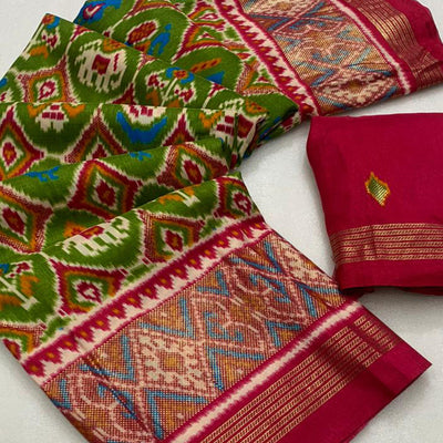 green-pink-ikkat-foil-printed-dola-silk-saree