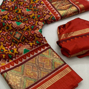 Maroon Ikkat Foil Printed Dola Silk Saree