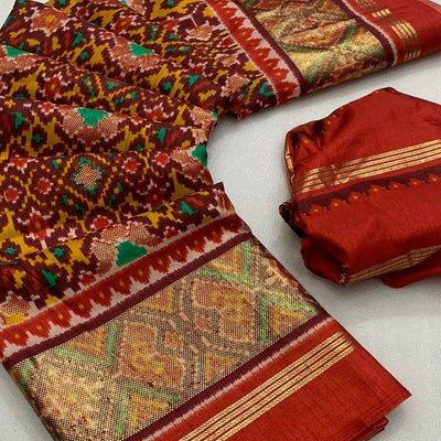 Maroon Ikkat Foil Printed Dola Silk Saree