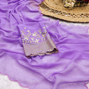 Lavender Solid Georgette Saree With Embroidered Border