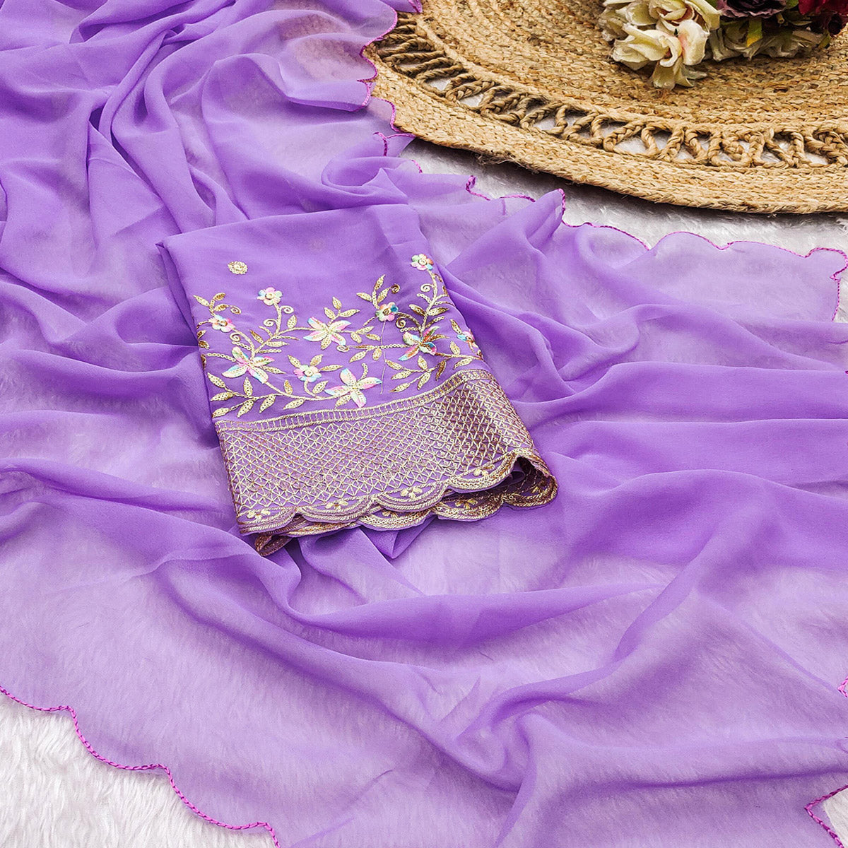Lavender Solid Georgette Saree With Embroidered Border