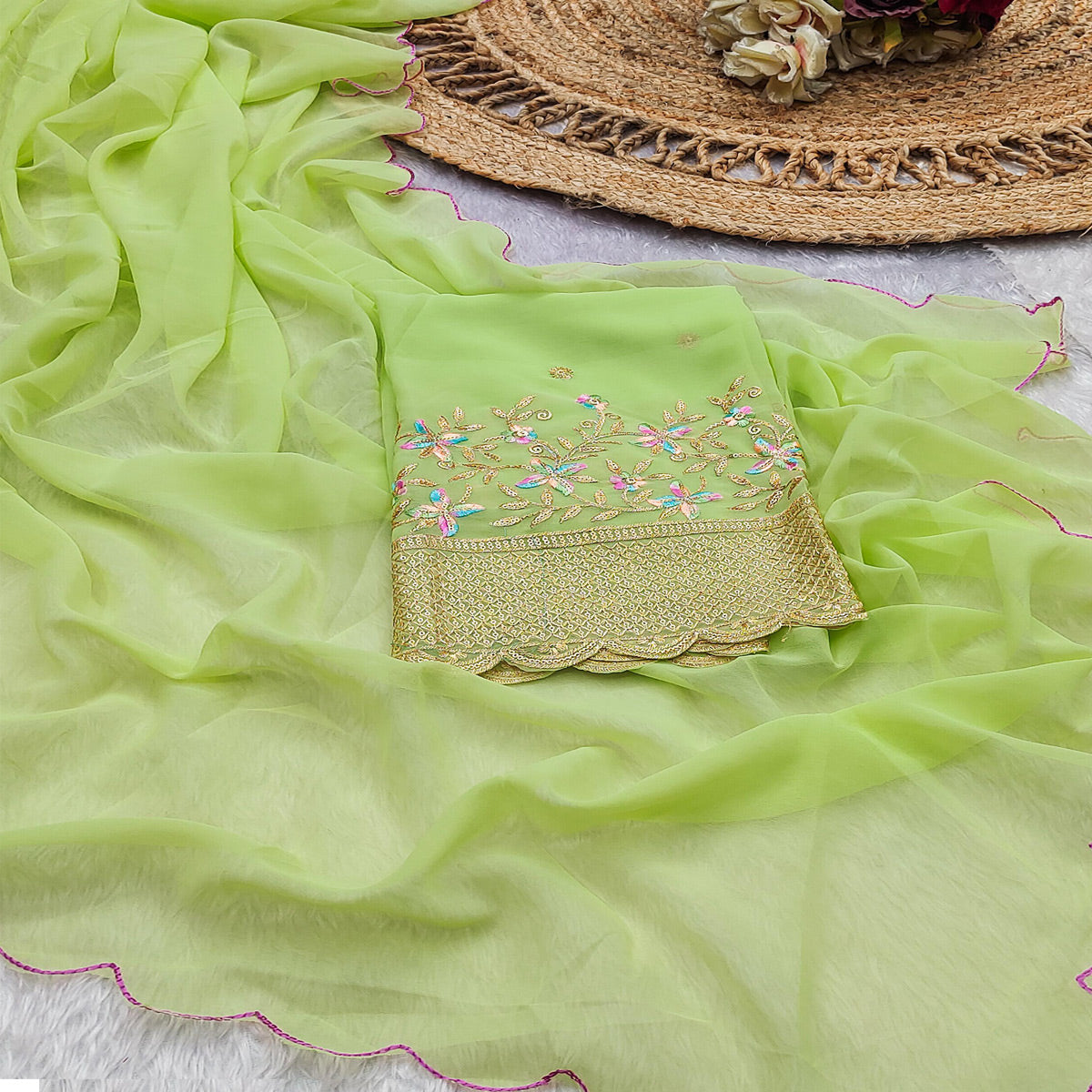 Light Green Solid Georgette Saree With Embroidered Border