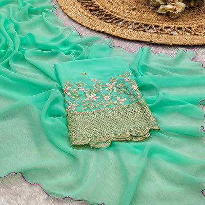 Mint Green Solid Georgette Saree With Embroidered Border