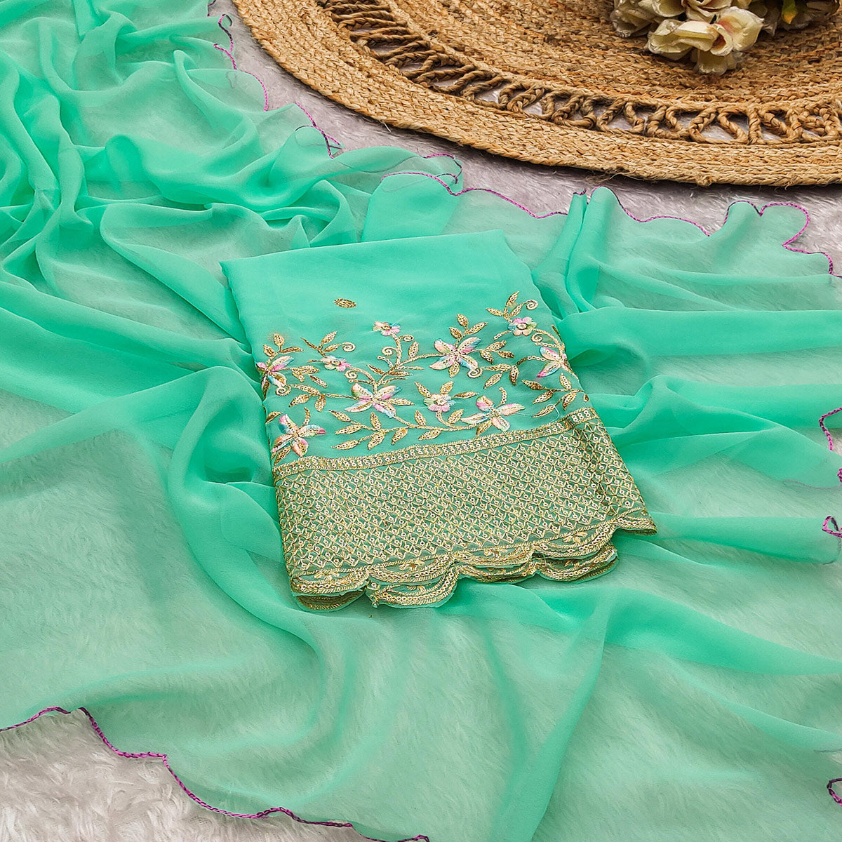 Mint Green Solid Georgette Saree With Embroidered Border