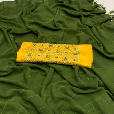 Mehendi Green Zari Woven Georgettte Saree With Tassels