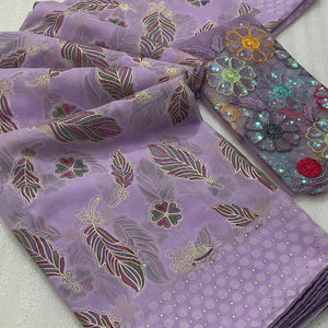 Lavender Floral Foil Printed Georgette Saree