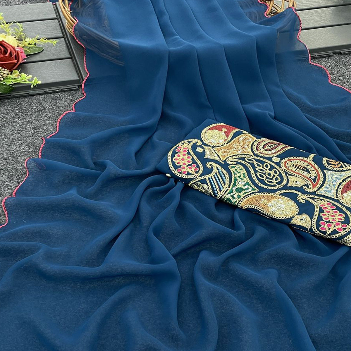 Blue Solid Georgette Saree With Embroidered Border