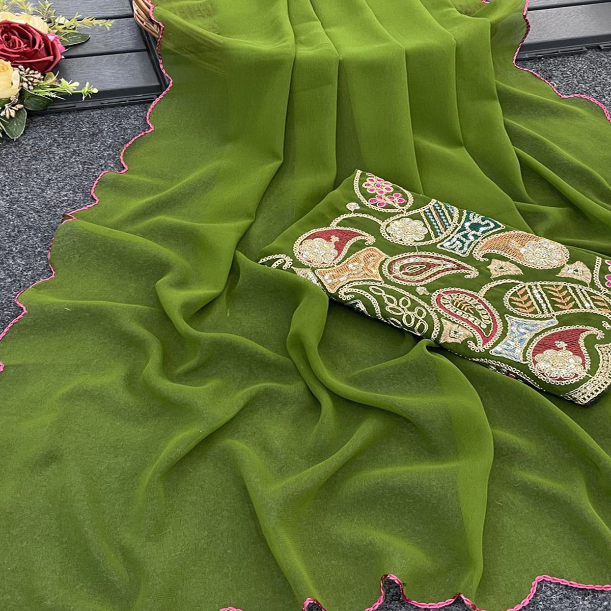 green-solid-georgette-saree-with-embroidered-border