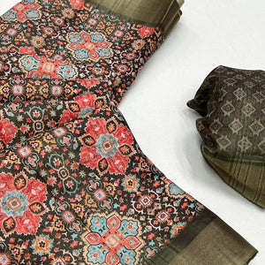 Mehendi Green Floral Digital Printed Tussar Silk Saree